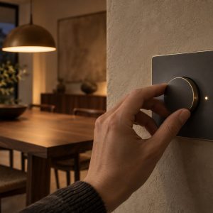 手轉動 P2-D 調光旋鈕，背景是暖光下的餐桌
